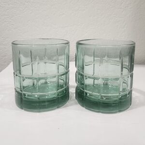 Set of 2 Vintage Anchor Hocking Tartan Sea Mist Green Glass Rocks Tumblers